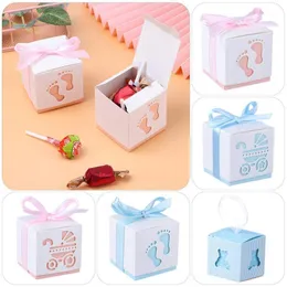 Present Wrap 10pcs BluePink Baby Carriage Laser Cut Hollow Favors Gift Candy Boxes With Ribbon Shower Wedding Party Supplies