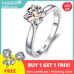 Yanhui z certyfikatem 18K białe złoto pierścień panna młoda biżuteria ślubna okrągła 2 karat zespół zaręczynowy kobiet prezent wolny dostać kolczyki 211217