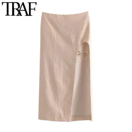 Женская шикарная модная льняная юбка-миди с металлическими аппликациями спереди и разрезом спереди, винтажная высокая талия на молнии сзади, женские юбки Mujer 210507