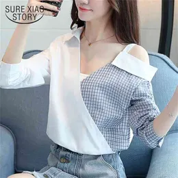 fashion long sleeve women clothing shirt summer sexy patchwork strapless blouse plaid 's tops blusas D832 30 210506