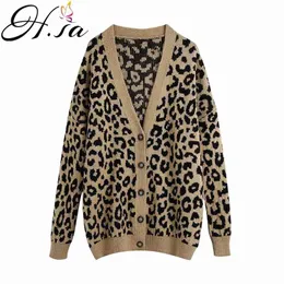 H.SA Kvinnor V Neck Long Leopard Oversized Cardigans Europeiska Fashion Sweater Knit Coat Overcoat 210417