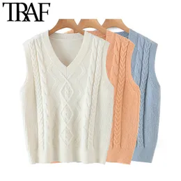 TRAF Mulheres Moda Com Ribbed Trim Solto Cabo-Knit Vest Sweater Vintage V Neck Sem Mangas Sem Mangas Fêmea Pullovers Chic Tops 210415