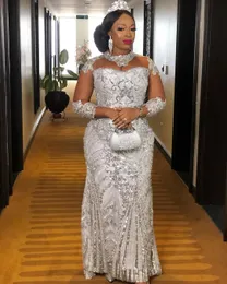 Aso Ebi Arabic Stlye Silver Long Sleeves Mermaid Lace Evening Dresses 2022 Beaded Appliques High Neck Plus Size Sweep Train Prom Gowns