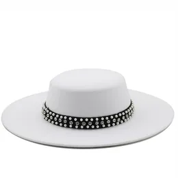 Stor bred Brim Faux Wool Pork Pie Boater Flat Top Fedora Hat med Rivet Pearls Black White Party Panama Trilby Cowboy Cap