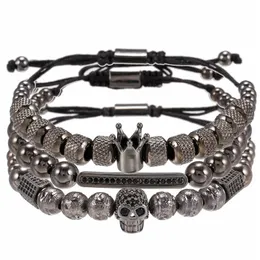 Hip Hop Style Mens Micro Pave Skull Crown Charm CZ Beads Strands Justerbara armband 3pcs / set