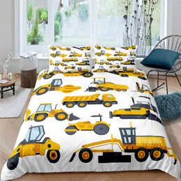 Excavator Tractor Comforter Cover Cartoon Machinery Bulldozer Pattern Bedding Set For Kids Boys Duvet With Pillowcases 210615