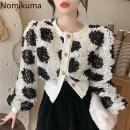 Nomikuma 3D Hit Kolor Kwiaty Damska Kurtka Z Długim Rękawem O-Neck Causal Coat Pojedynczy Breasted Eleganckie wierzchniej wierzchołki 6E098 211014