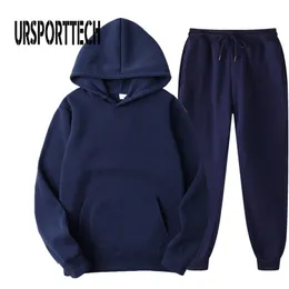 Ursporttech Solid Färg Tracksuit Män Set Höst Casual Mäns Hoodies + Byxor Tvådelade Trendiga Sportkläder Man 211220