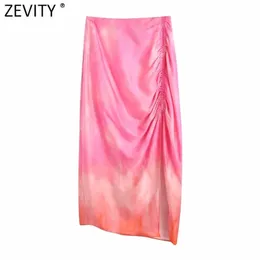 Zevity kvinnor vintage slips färgad utskrift pläterad design sarong kjol faldas mujer kvinnlig sida split chic slim midi vestidos qun797 210621