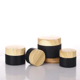 Mini 5g-50g Black Frosted Glass Jar Cream Bottles Round Cosmetic Jars Hand Face Packing Bottle With Wood Grain Cover