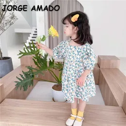 Korean Style Summer Kids Girls Dress Green Floral Half Puff Sleeves Square Collar Children Fashion Clothes E 210610