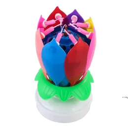 Innowacyjne Party Cake Topper Musical Lotus Flower Roting Happy Birthday Candle w / 8 Małe świece JJA9313