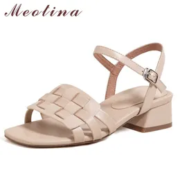 Meotina Women Gladiator Sandals Shoes Genuine Leather Sandals Med Heel Shoes Buckle Square Toe Ladies Footwear Summer Apricot 210608