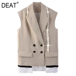 Lapel Collar Khaki Pearl Chain Decoration Double Breasted Pockets Patchwork Vest Women Spring And Summer GX1106 210421