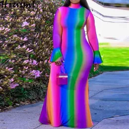 Plus Size Dresses for Women Fashion Flared Sleeve Long Dress Casual Floor-Length Colorful Stripes Turtleneck Kleider Damen 210513