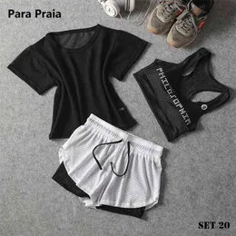 파라 Praia 스포츠웨어 세 ​​조각 요가 세트 셔츠 여성 브래지어 피트니스 바지 레깅스 Tracksuit 체육관 23 색 210813