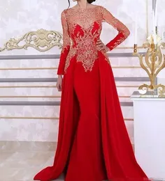 Gorgeous Red Prom Dresses Sheer Neck Lace Appliques Beads Long Sleeves Evening Dress Robe De Soiree Overskirt Party Pageant Marriage Wear Custom Made