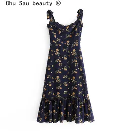 Summer Strap Dress Slim Square Collar Long Chiffon Pastoral Style Vintage Ruffle Floral Print Midi Women 210514