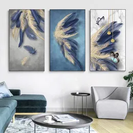 モダンな青い抽象的な羽毛キャンバス絵画ノルディックポスターとプリントの壁の芸術写真のための居間の贅沢な装飾クアドロス