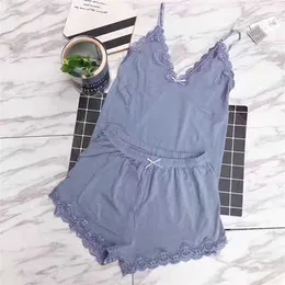 Daeyard Two Pieces Cotton Pajama Set Sexy Lace Top And Shorts Summer Pyjamas Sleepwear High Elastic Pijama Nightie Home Clothes 210831