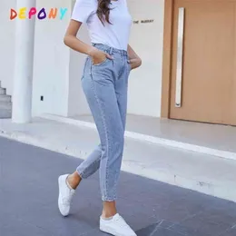 Depony High Waist Mom Jean Boyfriends Proste Femme 100% Bawełna Luźne Vintage Spodnie Dżnowione Vaqueros Mujer 210809