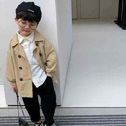 Boys Spring korean style khaki fashion double breasted trench jackets Kids casual turn-down collar coats 210508