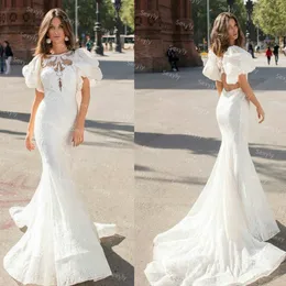 Wspaniała Pełna Koronkowa Syrenka Czeski Suknia Ślubna z rękawem Puff Sexy Open Back Country Boho Bride Dresses Sweep Pociąg 2021 Eleganckie Outdoor Women Robe de Mariée