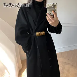 Twotwinstyle Mizaç Siyah Tüvit Coat Kadınlar için V Boyun Uzun Kollu Kruvaze Rahat Mont Kadın Moda Sonbahar 210517