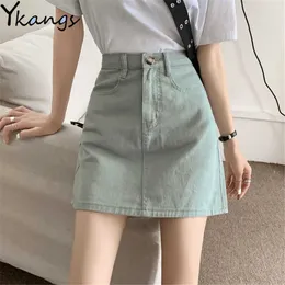 Summer Light Green Denim Mini Bag Hip Kjol Kvinnor Pocket Button Zipper Vintage High Waist Short Jean Skirt Koreanska Streetwear 210619