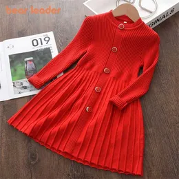 Bärenführer Baby Mädchen Strickpullover Rüschen Mode Kinder Einfarbig Langarm Vestidos Kinder Kleidung für 3-7 Jahre 211201