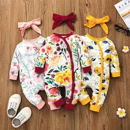 Kids Rompers Girls Flower Print Romper Spädbarn Toddler Floral Jumpsuits Med Headband Vår Höst Mode Baby Klättring Kläder