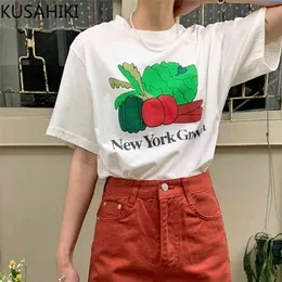Koreanska Chic Summer Shirts Women Cartton Letters Printed Graphic Tee Short Sleeve O-Neck Tshirt 6J007 210603