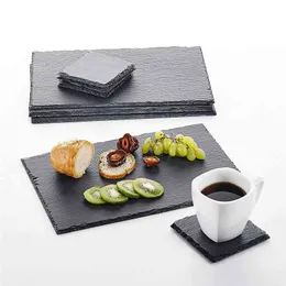 MALACASA 8-Piece Natural Slate Stone Placemats Coasters Tablemat Cheese Dinner Coffee Mats with 4" Coasters & 12" Placemats 210817