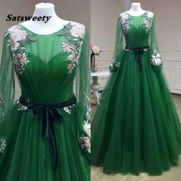 Vestido de graduación verde esmeralda encaje tul hinchado manga larga Formal vestido de fiesta salida de fábrica vestidos de noche 2021