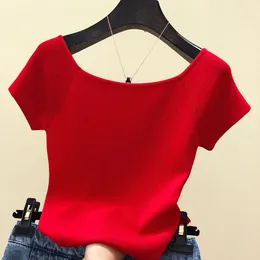 Design Sommer Grundlegende Frau T-shirts Schwarz Koreanische Tops Frauen Off schulter T Shirt Gestrickte Kurzarm Weibliche Kleidung Mode Weiß rot XS