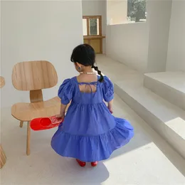 2021子供の服の素敵なドレスOネック半袖ソリッドカラーブルーイエロー100％コットンガール子供エレガントなinsフリルドレス