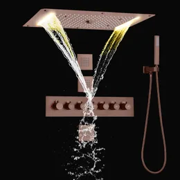 Brun Rainfall Shower Set 70x38 cm LED Termostatiskt badrum med hög flödesvattenfall Duschar Combo System