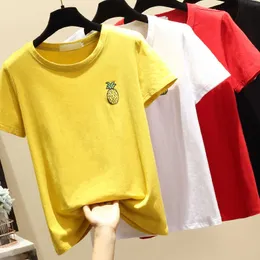 Kvinnor T-shirt Kortärmad bomull T-shirt Broderi Ananasfrukt sommar Kvinnlig Fashion Top Tee Loose Red Yellow White 210604