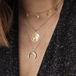 Bohemian Moon Pendant Multilayered Chain For Women Gold Map Coin Choker Necklace Jewelry