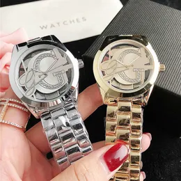 Brand Watches Women Lady Girl Diamond Crystal Triangle Hollow Out Big Letters Style Metal Steel Band Quartz Wrist Watch GS40