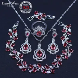 Рождественский подарок груша роза красный кубический цирконий серебряный цвет ювелирных изделий наборы для женщин подвески ожерелье серьги кольца браслеты H1022