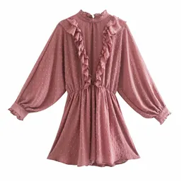 Mulheres Verão Chiffon Mini Sólido Vestido Manga Longa O-pescoço Cascading Ruffle Dot Feminino Elegante Moda Vestidos Vestidos 210513