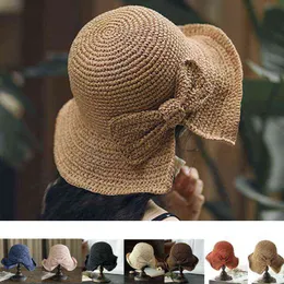 Förälder-barn raffia bow sun hatt bred grim diskett sommarhattar för kvinnor strand panama halm kupol hink hatt femme skugga visor hat g220301