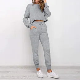 Yoga Outfit Women's O-Neck Tracksuit Set Solid Long Sleeve Casual Top Female Suits Drawstring Harem Pants Autumn 2023 Fashion Two Piece Sets