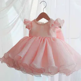 2021 Pink Chlid Dress Beading First Birthday Dress For Baby Girl Ceremony Ball Gown Bow Princess Dress Wedding Party Dresses G1129