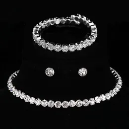 Bröllop Halsband Örhängen Armband Set för Kvinnor Cirkel Kristall Brud Smycken Satser Silver Färg Afrikanska Pärlor Rhinestone