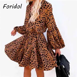 Случайные женские леопардовые печать платье весна с длинным рукавом линия элегантная мода шикарный осенний Vestidos de Mujer 210427