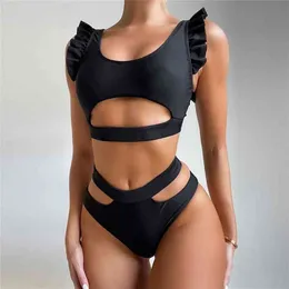 Sexy Wysoka Talia Bikini Kobiety Swimsuit Przyjazd Swimweear Hollow Out Drukuj Paski Kostium Kąpielowy Beachwear Biquini Kobieta 210702