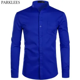 Chemises habillées bleu royal pour hommes Marque Chemise à col Mandarin à bandes Homme Chemise à manches longues décontractée boutonnée avec poche 2XL 210522