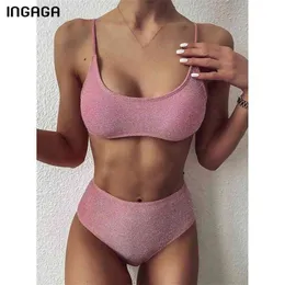 Ingaga baddräkter hög midja bikinis badkläder kvinnor push up baddräkter glitter glittrande biquini sexig rem bikini set 210621